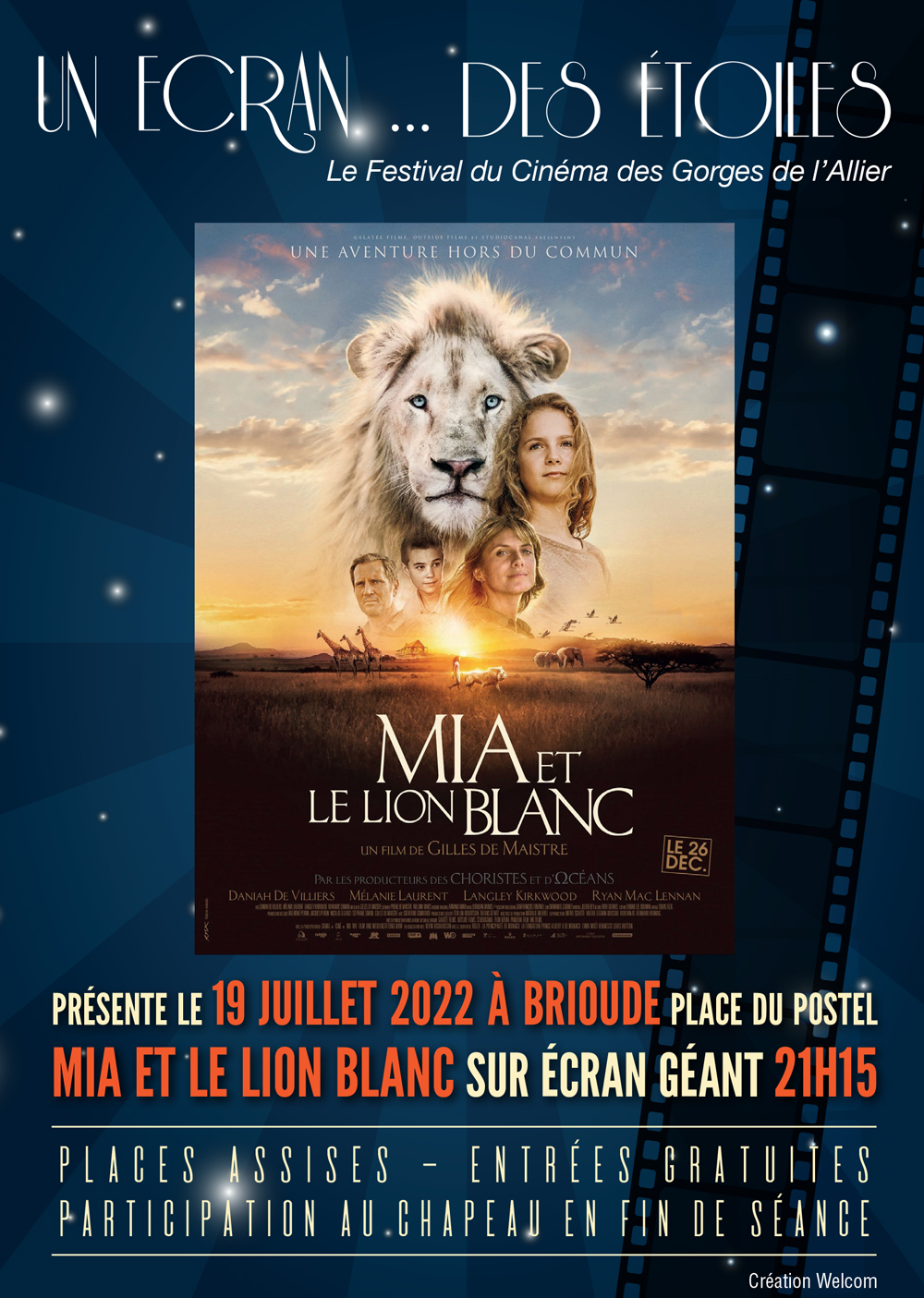 Plus de 2000 spectateurs !
Les films et Villages à l\'honneur :
- Mia et le Lion Blanc (Brioude)
- Antoinette dans les Cévennes (Blesle)
- Roxane (Chassagnes)
- Cyrano (La Chaise-Dieu)
- L\'École Buissonnière (Saint-Privat-du-Dragon)
- Les Vétos (Brioude)